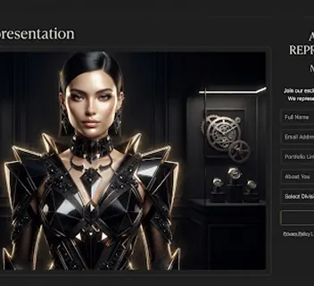 Synthetic fashion persona in sculptural black and gold couture